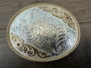 VTG MONTANA SILVERSMITH'S SILVER PLATED ENGRAVED BELT BUCKLE